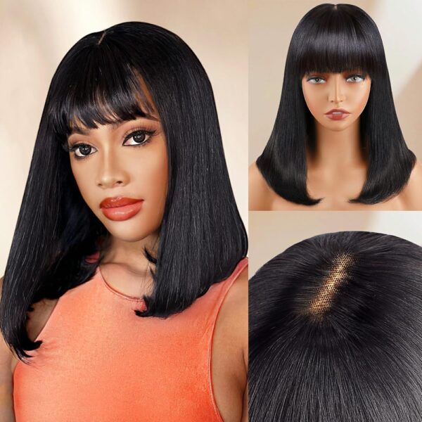 6-Inch Bob Wig with Bangs - 100% Human Hair, 4x2 Lace, 180% Density, Glueless Design, Natural Black Color - Perfect for Women Looking for a Stylish Bob with Bangs.